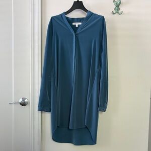 Wren & Willa Long Sleeve Button Down Silky Shirt Dress in Teal Blue with Pockets